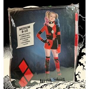 DC Harley Quinn Halloween Costume Romper‎ Cosplay Dress Up Girls Medium 8-10 NEW